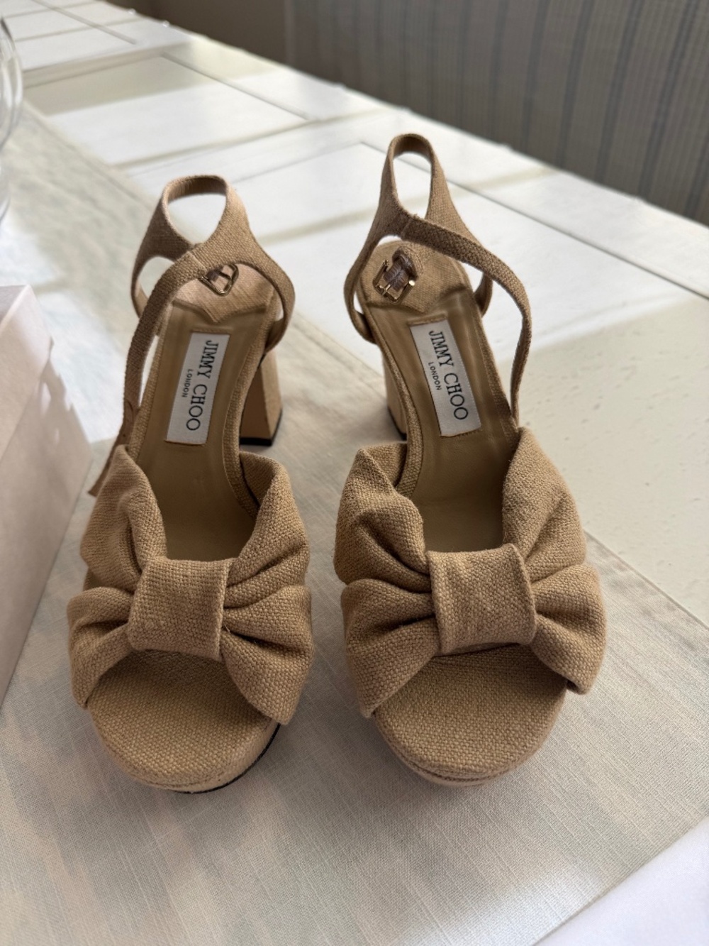 Jimmy Choo Heloise 80 platform heels, beige linen, size 39.5